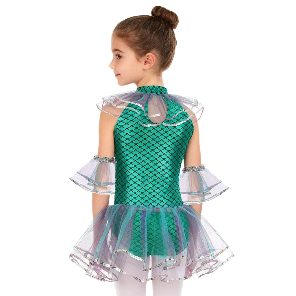 Kids Girls Mermaid Cosplay Costume: Sleeveless Mesh Sequins Bodysuit with Fish Scales Print & Arm Sleeves for Halloween Party
