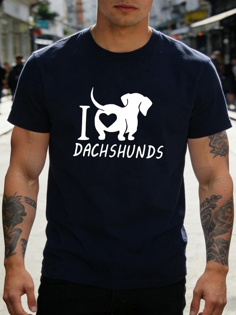 Unisex Navy Tee I Love Dachshunds Dog Heart Print Short Sleeve Loose Casual Street Basic Top For Adult Male Daily Wear Outfit