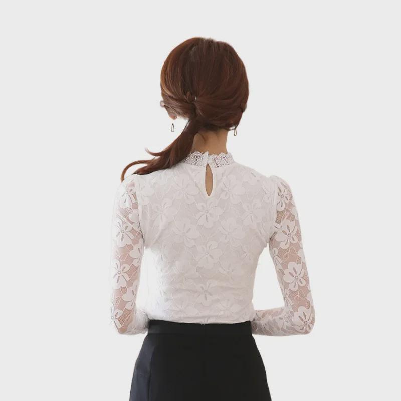 Women's Lace Chiffon Shirt - Long Sleeve, Stand-Up Collar, Slim Fit, Autumn/Winter Fashion, Plus Size