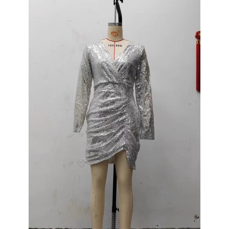 Ladies Summer Sexy Deep V Long Sleeve Slim Dresses