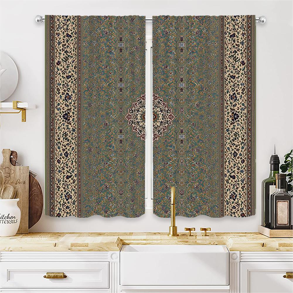 Piece Set High Definition Digital Printed Curtainoriental Style Green Patterned Border Curtainhome Decoration Curtain Polyester
