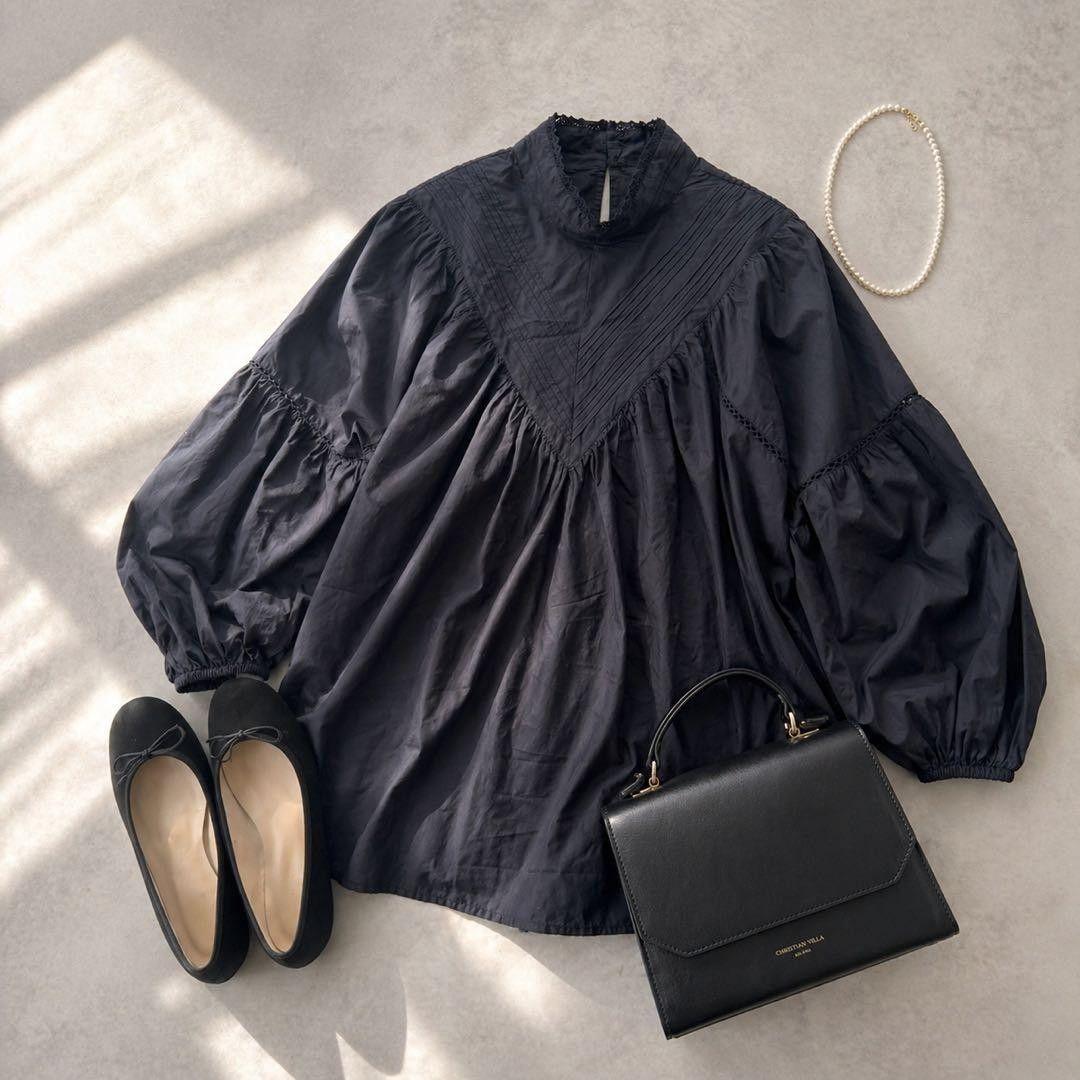 SLOBE IENA Volume Sleeve Blouse Black Long Sleeve