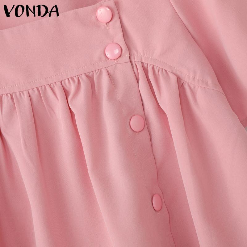 VONDA Women Girls Summer Square Collar Short Sleeve Buttons Casual Ruffled Blouse