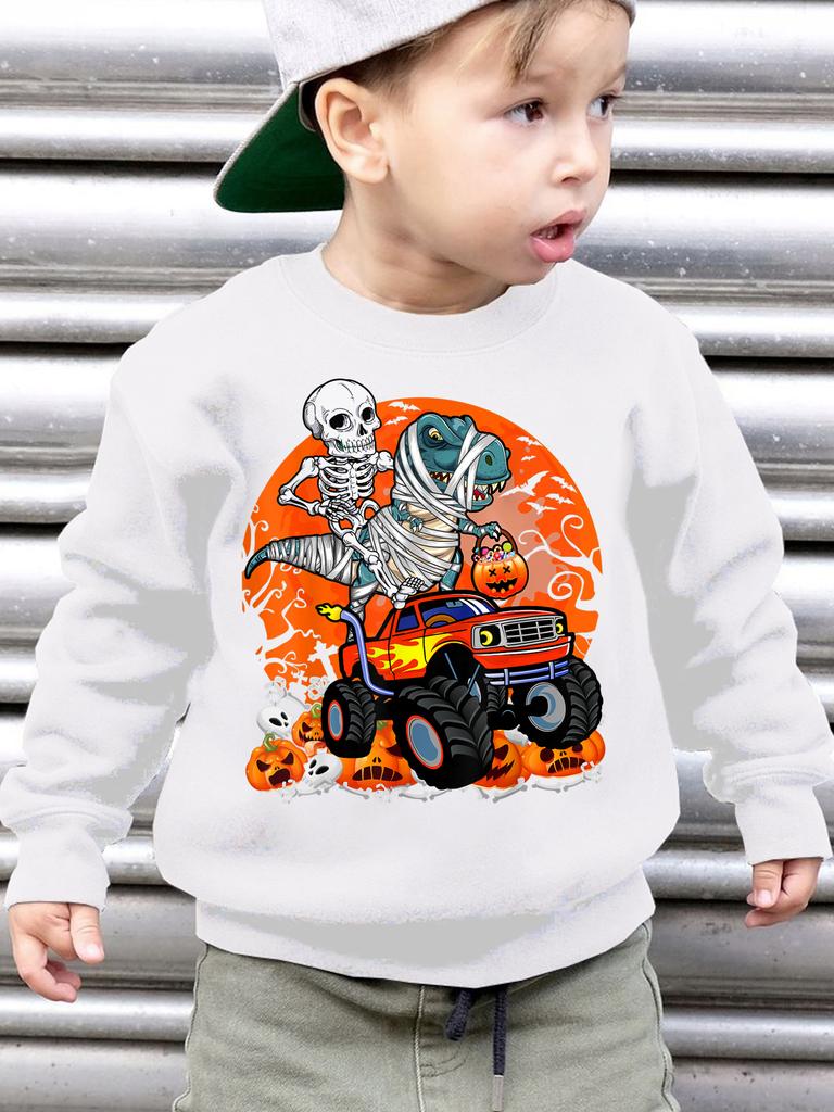 Kids Sweatshirt Fall Winter Fashion Sweatshirt, Halloween Skeleton Mummy Dinosaur Monster Truck Pumpkin Lamp Prints Loose Casual Long Sleeve Pullover