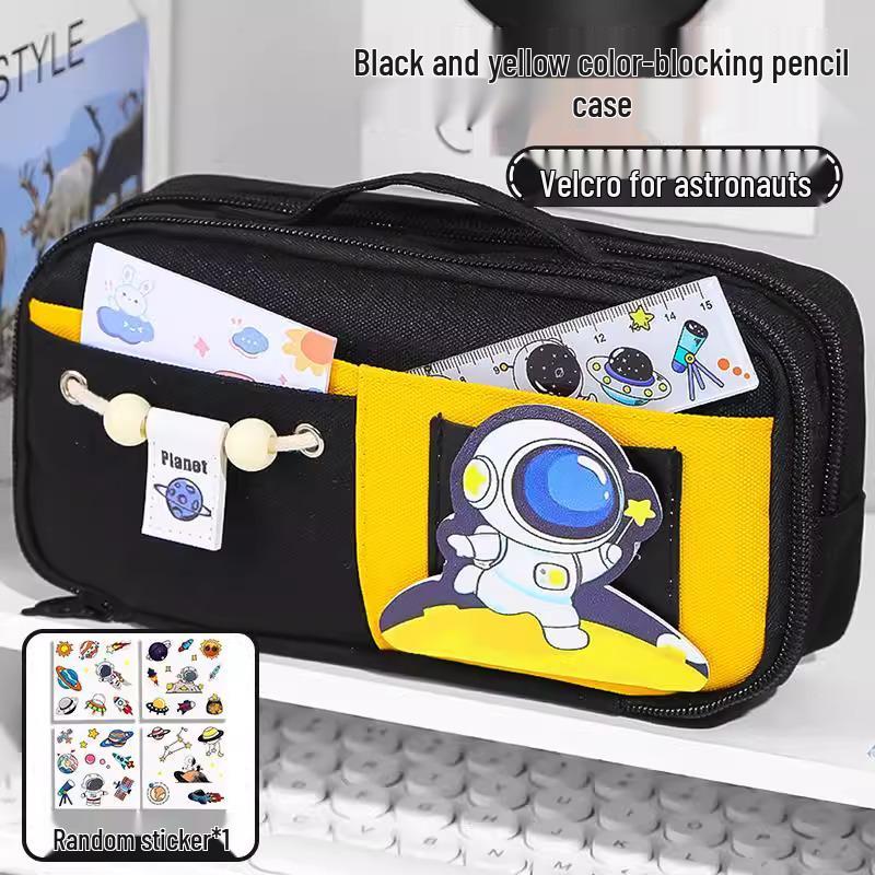 Send Astronaut Velcro! Boys' Black Dirt-Resistant Pencil Case, Hand-Carry, Large Capacity, New 2025 Style.