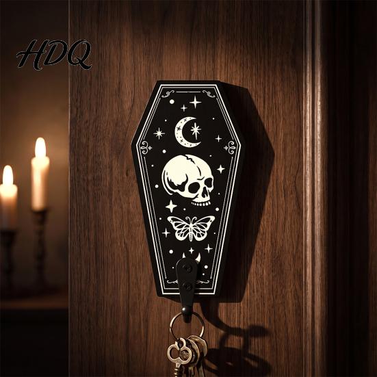 Gotischer Stil Wandaufbewahrung Halloween Holz Haken mit Mond Stern Skelett Mustern Dekorativer Retro Schlüsselhalter für Künstlerisches Holz Eingangsbereich Flur