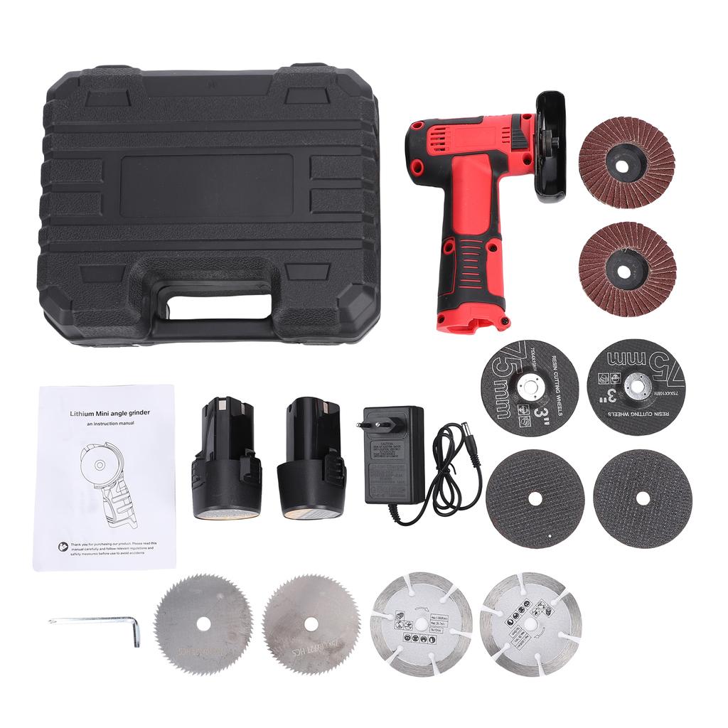 Cordless Brush Angle Grinder Kit 19500rpm Mini Electric Angle Grinding Tool with 2pcs 3900mAh Batteries and 10pcs