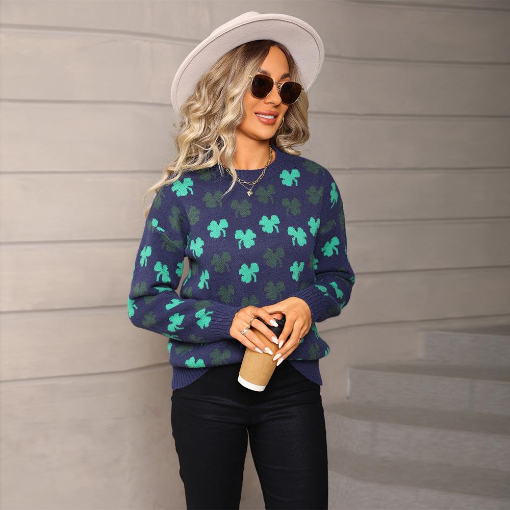 Autumn and Winter New Style Sweaters, Large Jacquard Knit Women's Autumn Street Fashion Knitted Sweater, Round Neck Top