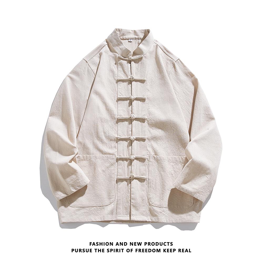 

Осенняя мужская однотонная рубашка Мужская рубашка с длинным рукавом в китайском стиле Костюм Тан Мужской ретро Кунг-фу Тай-чи Топы Белые рубашки 5XL абрикосовый