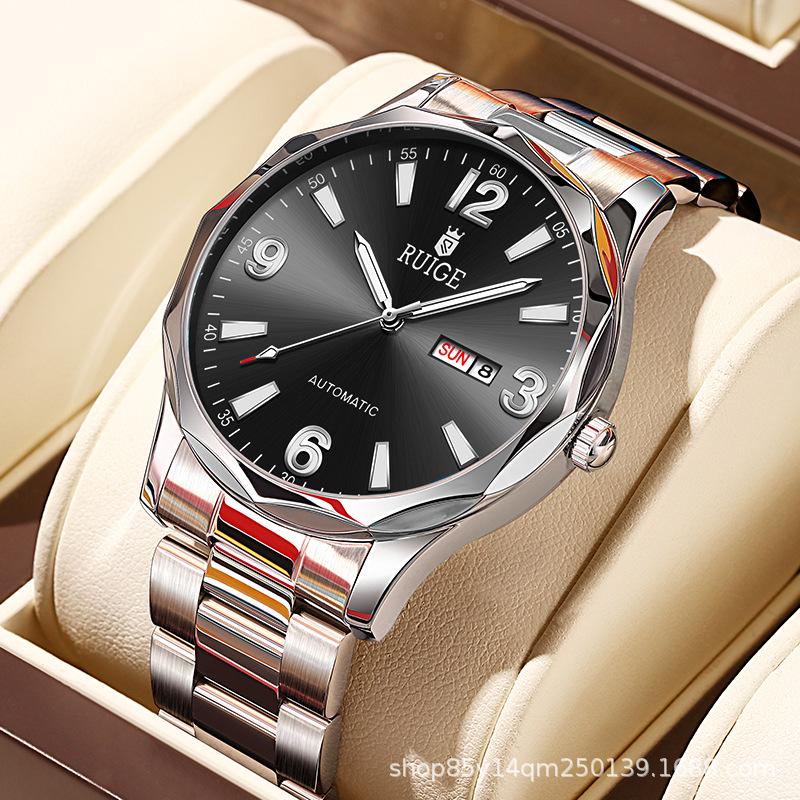RUIGE Men's Automatic Stainless Steel Watch with Double Calendar & Luminous Display - Waterproof