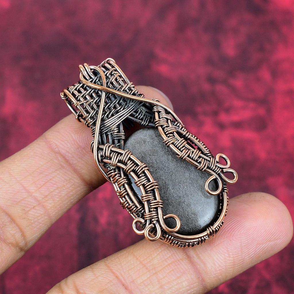 Silver Sheen Obsidian Pendant Copper Wire Wrapped Pendant Gemstone Copper Jewelry Handmade Boho Pendant Wire Weaving Pendant Engagement Gift