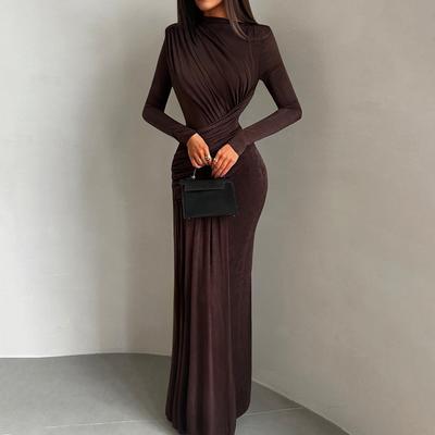 Women Long Sleeve Ruffled Bodycon Midi Dress Solid Color Slim Fit