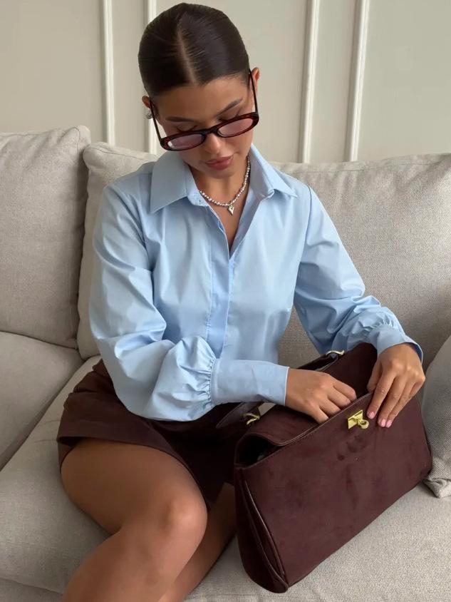 2026 Spring/Summer European & American Women's Solid Color Long Sleeve Lapel Shirt