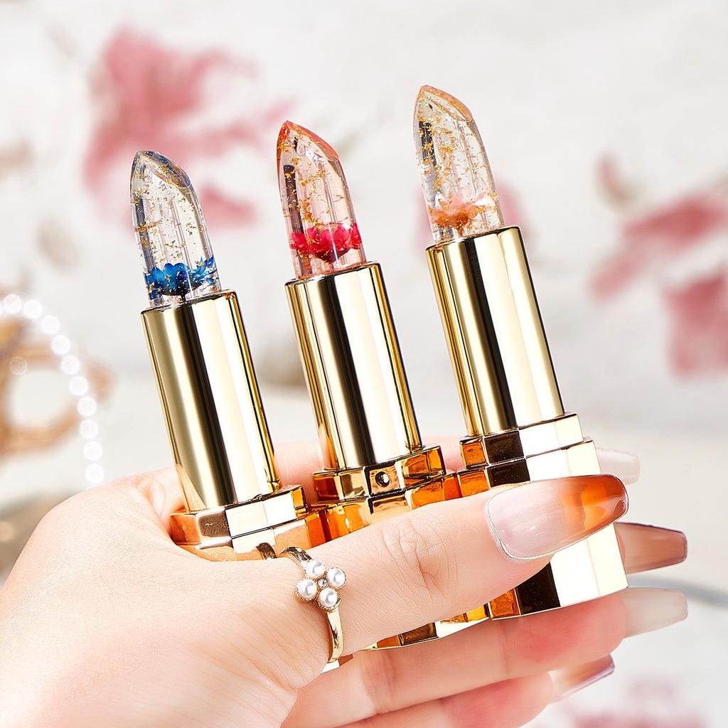 Petal Flower Color-Changing Jelly Lipstick with Gold Foil: Non-Stick, Long-Lasting, Moisturizing Formula.
