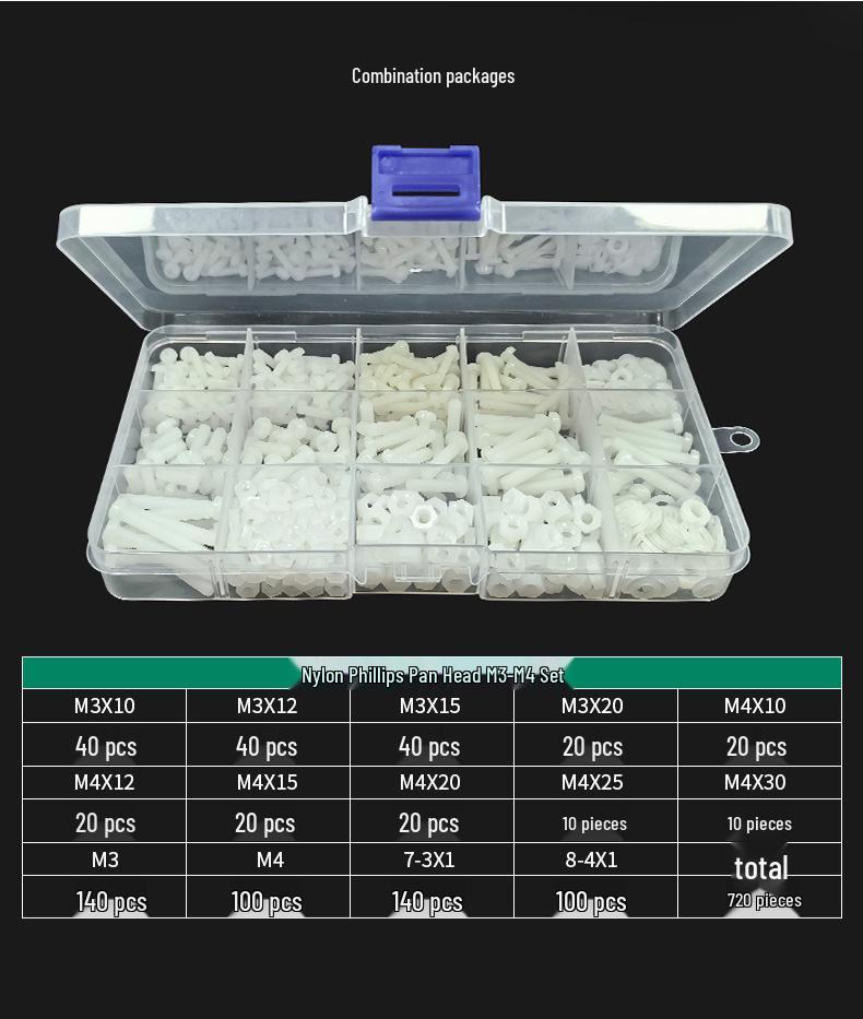 Round Head M3 M4 Nylon Screw Set with Nuts & Washers, Corrosion-Resistant, Insulating, White Plastic Box