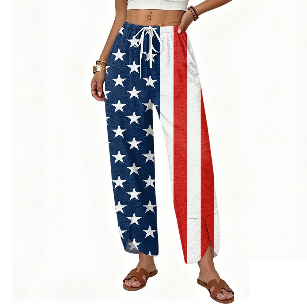 Women Casual Loose Straight Leg Wide Leg Drawstring Printed Long Pants with Pockets for Everyday Relaxed Wear