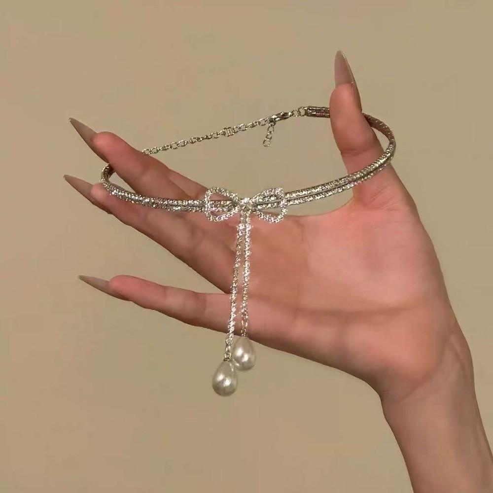 

Silver Bow Beads Necklace Zinc Zinc Alloy Shiny Neck Jewelry Neck Pendant Pearls Rhinestone Choker Women Style 6