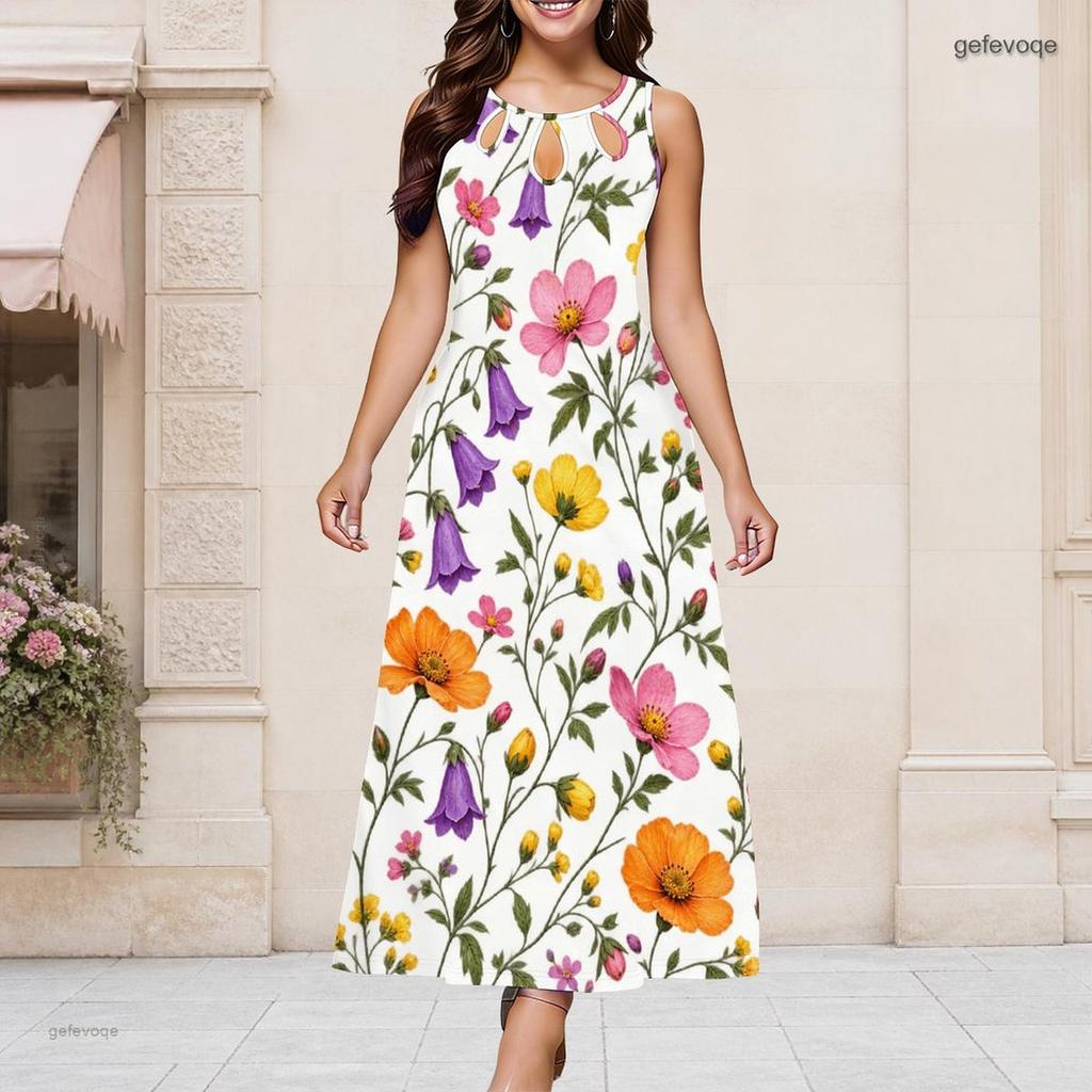 Women Plus Size Round Neck Triple Keyhole Cutout Sleeveless Floral Printed Long Dress