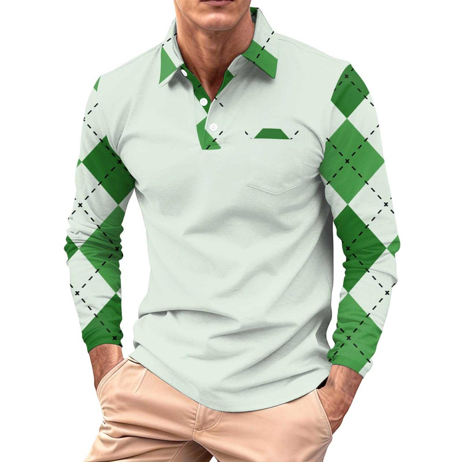 

Men s Long-sleeved Collared Button-down Pocket Casual Top XL зелений