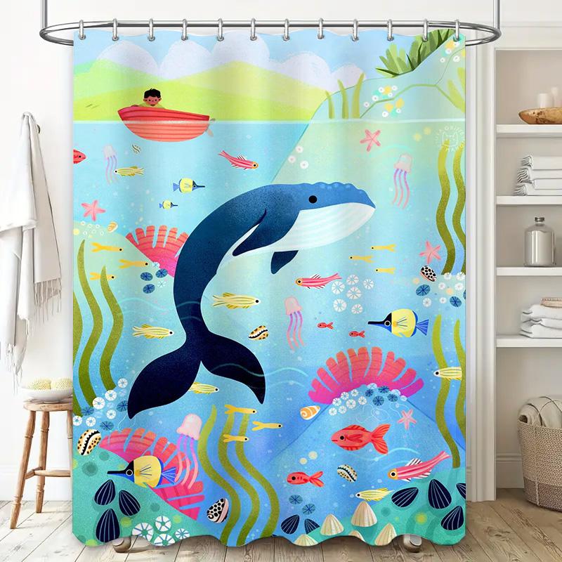 Animal Kingdom Bath Shower Curtain Set Blue Whale Fish Ocean Life Decor For Bathroom 72 Long Polyester Fabric With Plastic Hooks