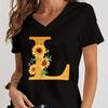 Women’s V-neck Graphic Shirts Orange A-Z Alphabet Sunflowers Short Sleeves  Harajuku Fashion Girl Casual Y2k Trend Tshirts Top