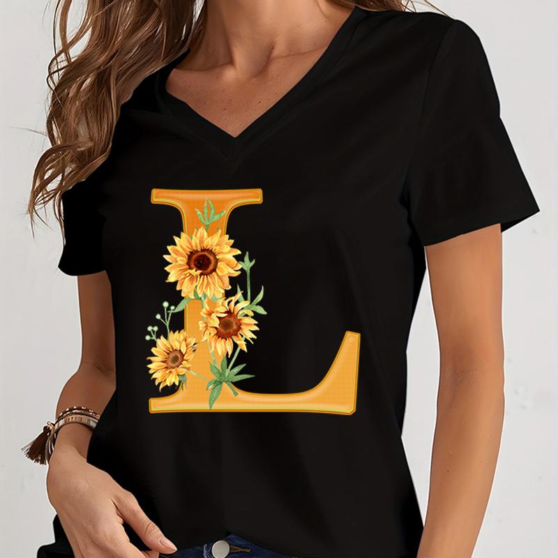 Women’s V-neck Graphic Shirts Orange A-Z Alphabet Sunflowers Short Sleeves Harajuku Fashion Girl Casual Y2k Trend Tshirts Top