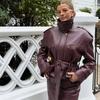 Women's Leather Jacket Stand Collar Pocket Short Coat Retro Waistband Zipper Outwear Autumn Winter Lad Jackets