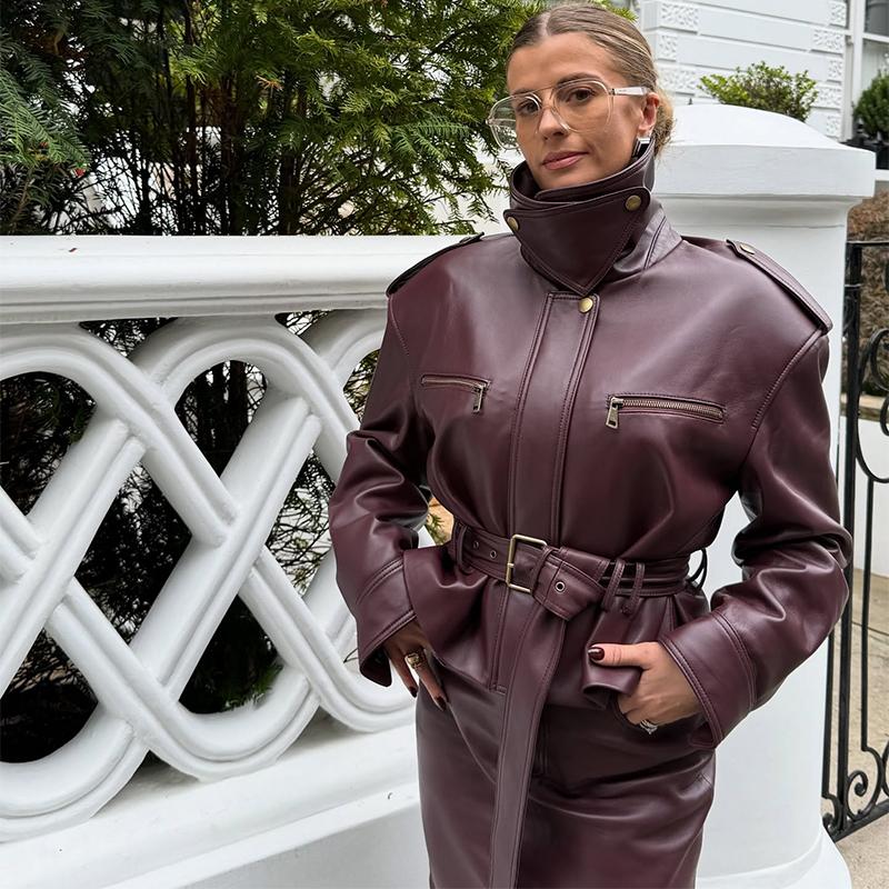 Women's Leather Jacket Stand Collar Pocket Short Coat Retro Waistband Zipper Outwear Autumn Winter Lad Jackets