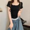 Pure desire sexy slim-fit lace splicing hem short-sleeved T-shirt women's summer folds pinch waist inner small top