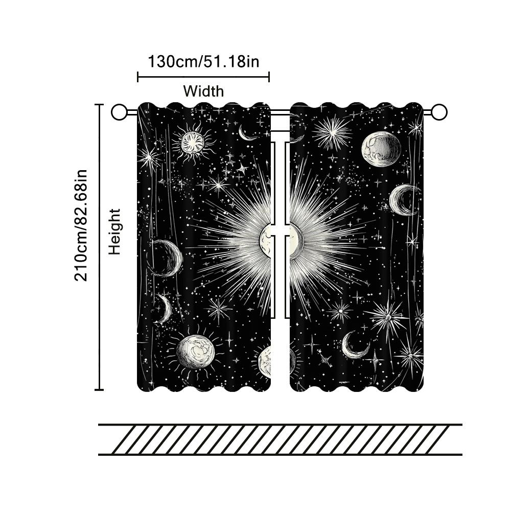 2Pcs Sun And Moon Printed Curtains Boho Exotic Decor Curtains For Bedroom Living Room Bohemian Tribal Black Window