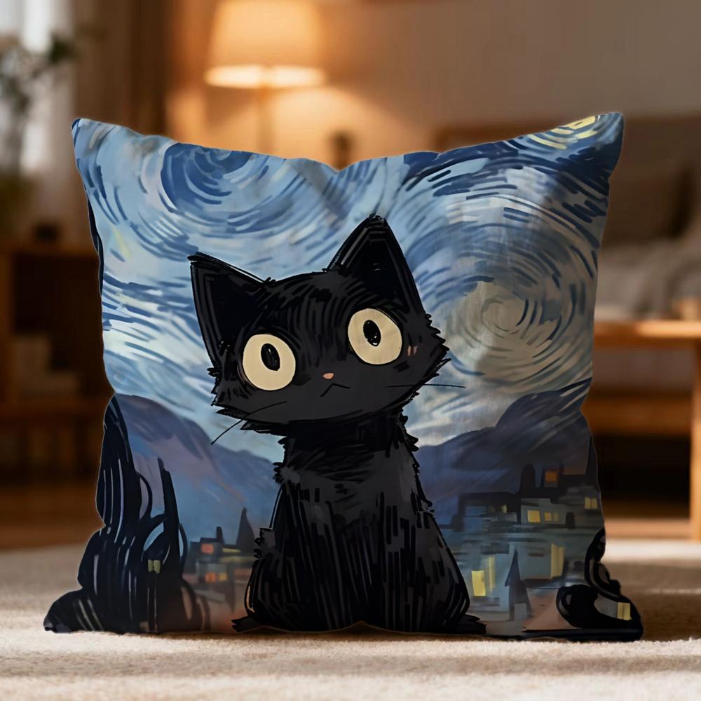 Popular Black Cat Cushion Cover Soft Washable Pillow Case Multi-Scene For Couch Bed Travel Office Use