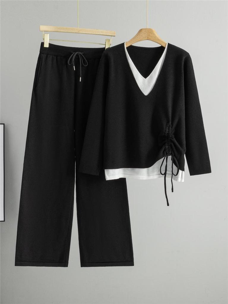 Women's Trendy Two-Piece Set: Drawstring Fake Two-Piece Sweater & Wide-Leg Pants - Long-Sleeved Knitwear for Spring & Autumn