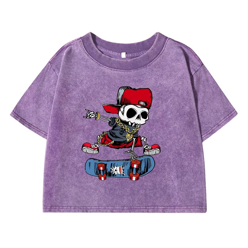 Skull Riding Skateboard Printing Female Washed Short T Shirts Breathable T-Shirt Street Summer Fashion Distress Tops