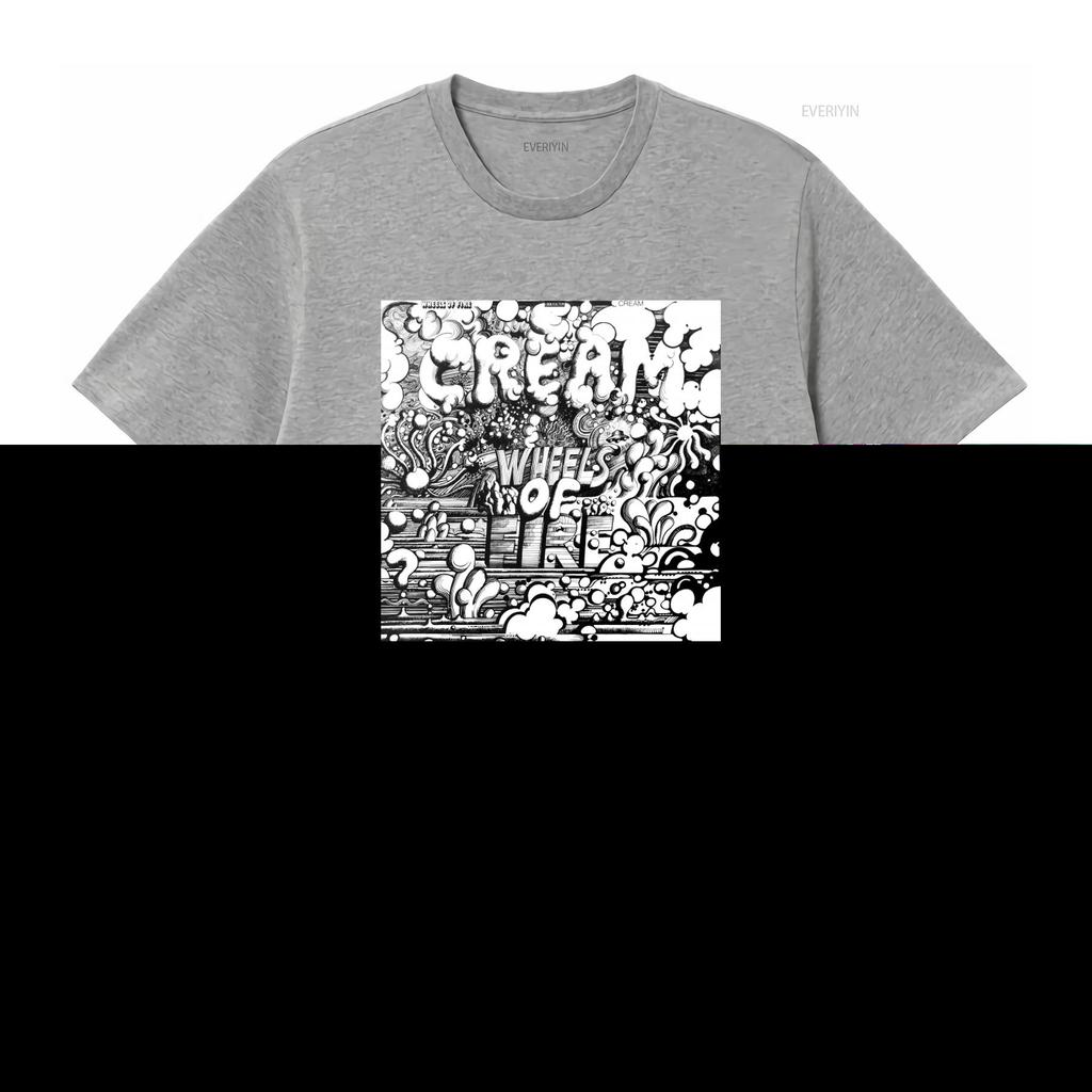 Cream Wheels On Fire Classic Vintage Rock Print T Shirt Vintage Washed Unisex Stylish Slightly Top For Everyday Wear Stretched