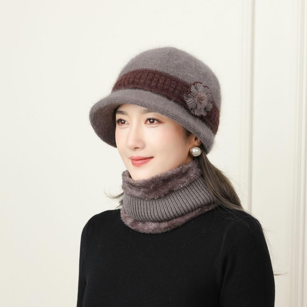 Hat Scarf Set Women'S Winter Thickened Thermal Hat Mom Knitted Wool Hat Grandma Elderly Hat