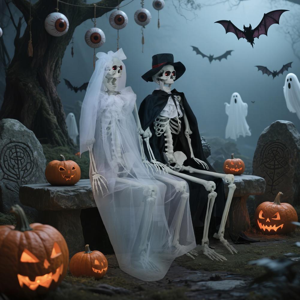 Halloween Bride & Groom Skeleton Set – 1 Pair Life-Size 65" Posable Skeletons with Movable Joints, Yard Decor