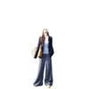 Women's Retro Blue Plaid High Waist Wide Leg Pants - Loose, Floor-Length, 145 Petite Style