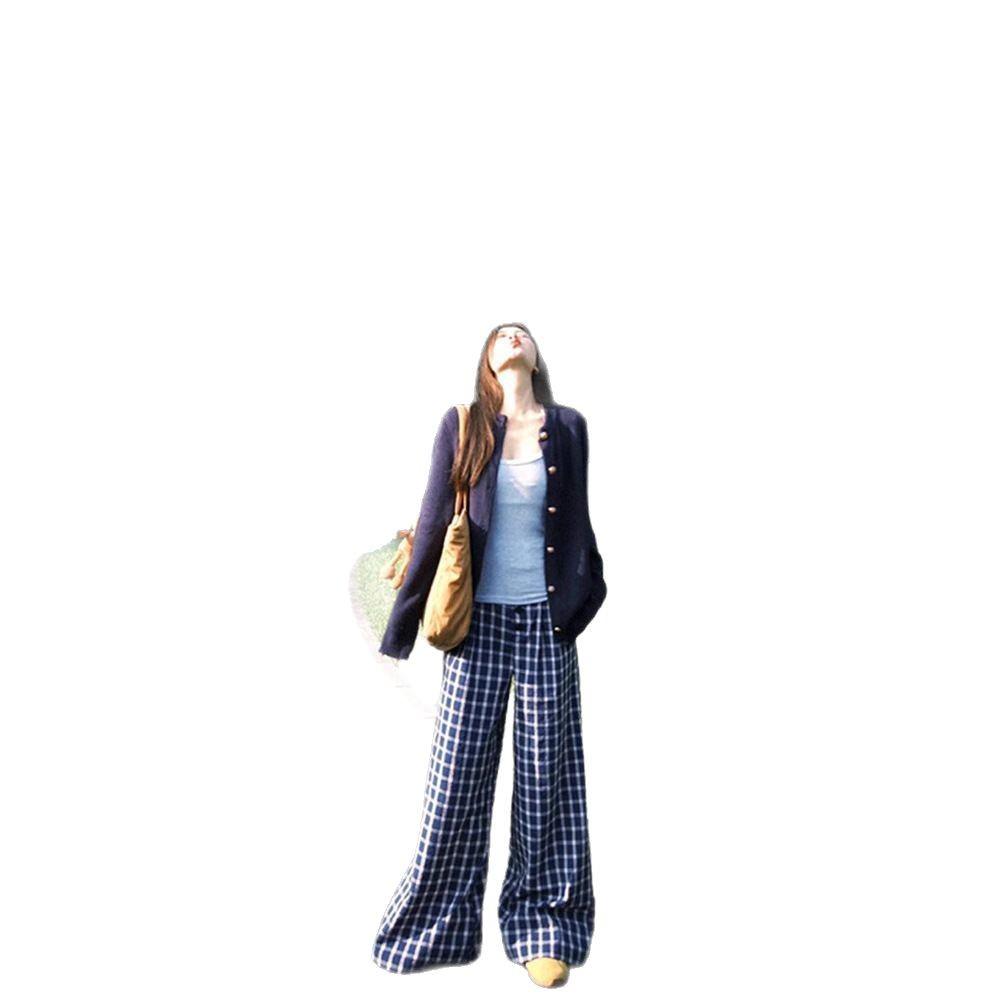 Women's Retro Blue Plaid High Waist Wide Leg Pants - Loose, Floor-Length, 145 Petite Style