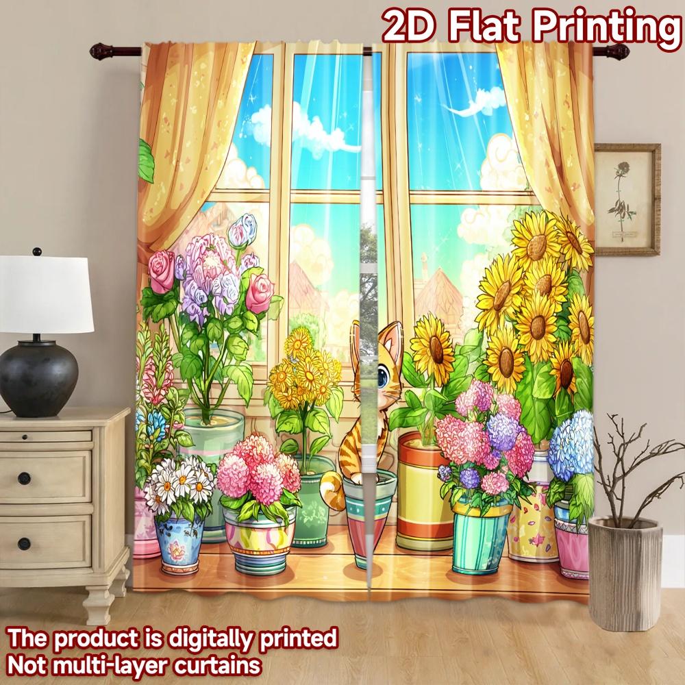 2D Flat Printing 2pcs Curtain Cute Cat Flower Garden Digital Printed Polyester Drapes All Season Party & Holiday Decor for