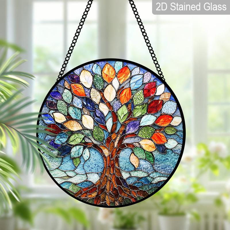 2D Flat, 1pc Rainbow Tree of Life Round Glass Suncatcher, Colorful Life of Tree Stained Glass Style Window Hanging, Multicolor Leaves Design with
