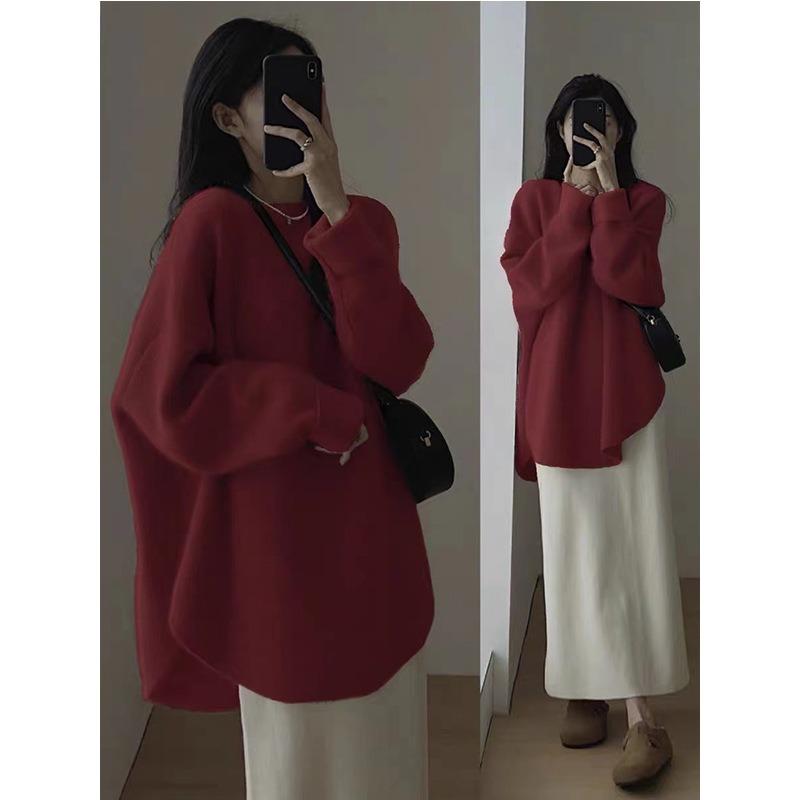Thickened solid color medium and long knitted sweater top women's autumn and winter new loose soft waxy lazy wind sweater pullover