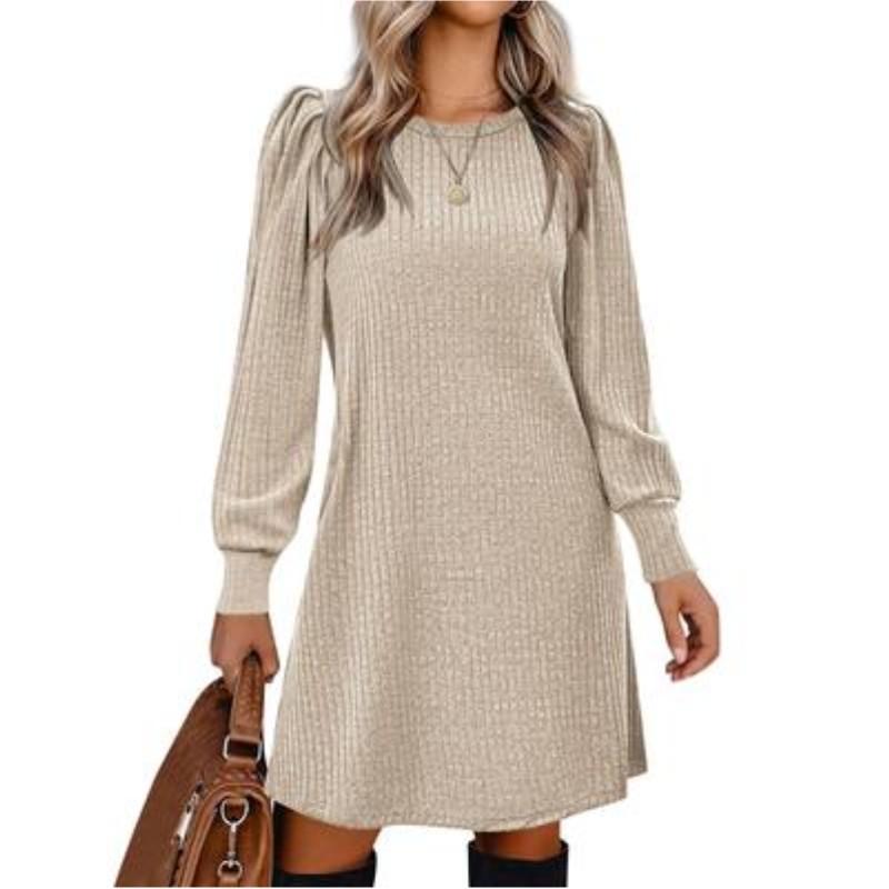 Damen Herbst und Winter Rundhals Lässiges Strick Langarmkleid Temperament Kordelzug Kleider
