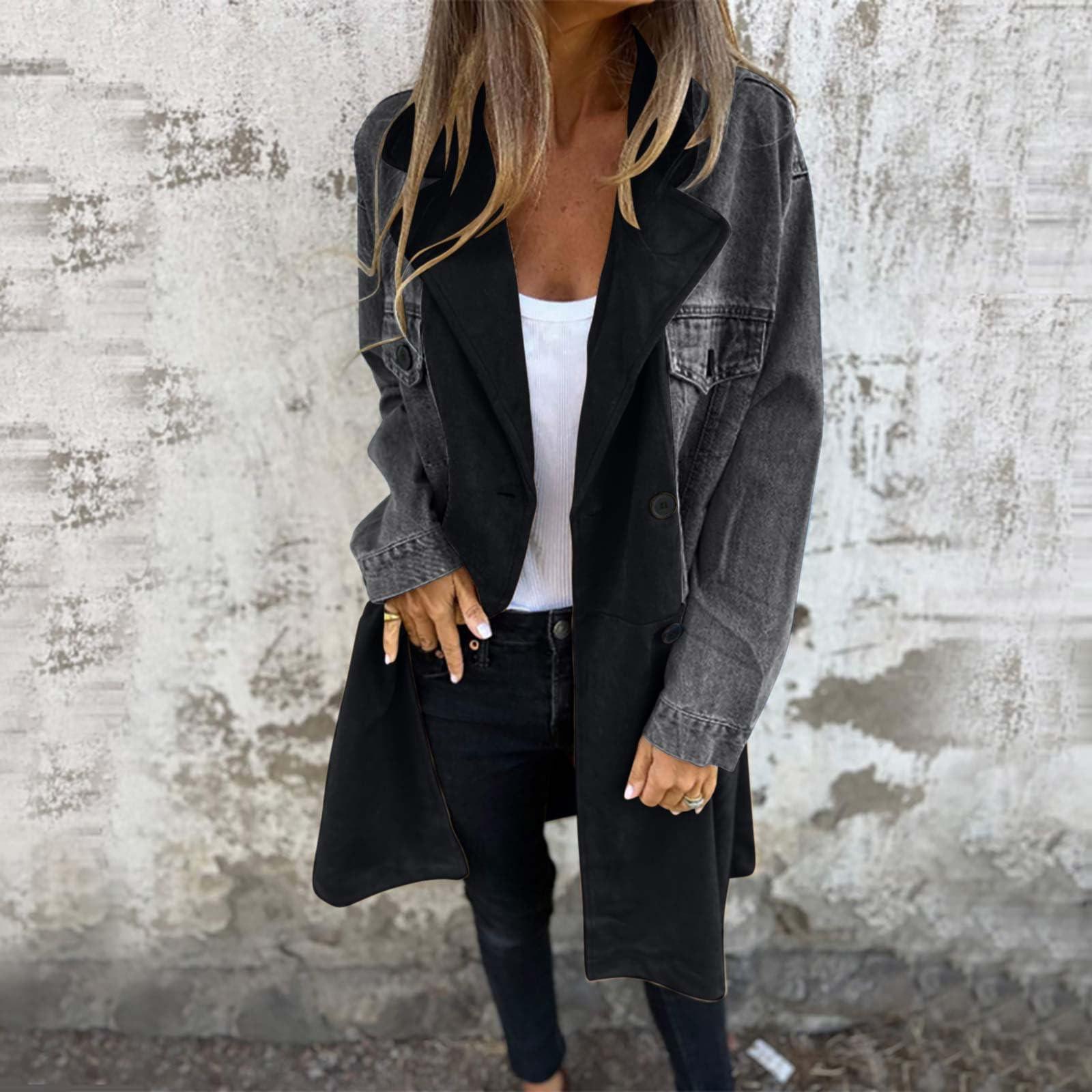 

Женские длинные джинсовые куртки с цветными блоками, с длинным рукавом, с зазубренным воротником, с воротником средней длины, с застежкой на пуговицы, с карманами M чёрный