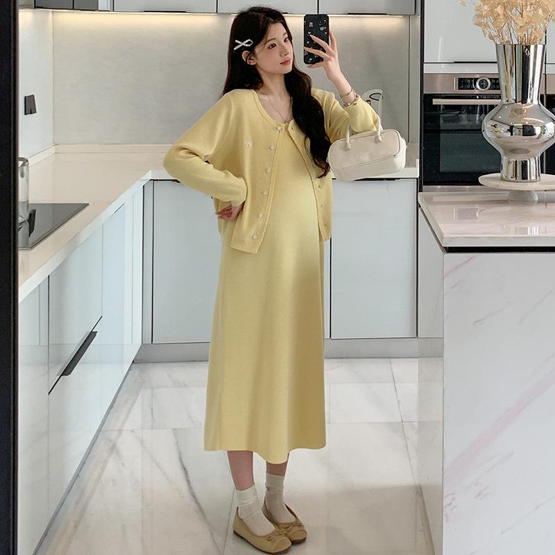 2026 Spring Maternity Fashion: Sweet Two-Piece Set with Long-Sleeved Cardigan & Loose Maternity Camisole Dress Extra Large