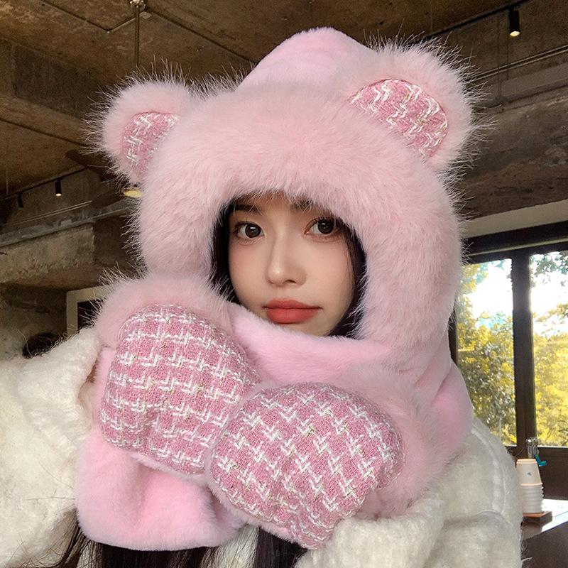 Cute bear hat, scarf and gloves integrated winter outdoor velvet women's thermal ear protection pullover hat