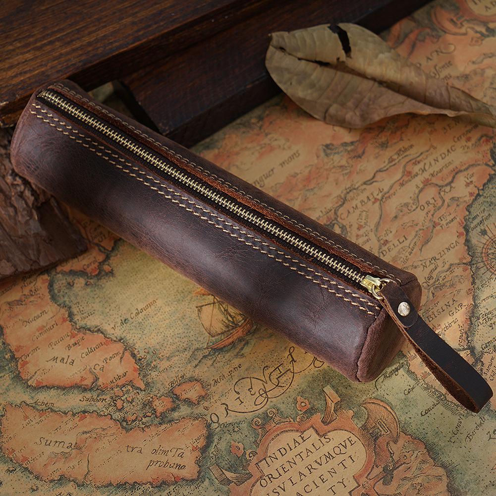 2026 Retro Leather Storage Pencil Bag, First Layer of Crazy Horse Leather Handmade Student Stationery Storage Bag