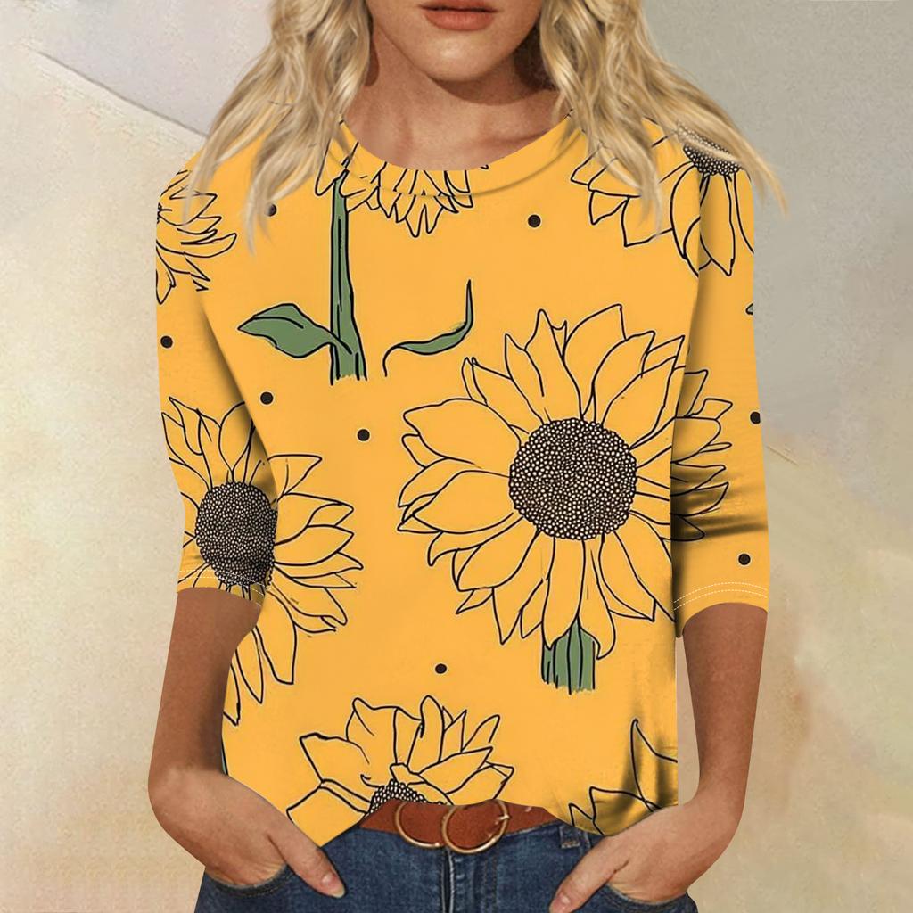 Top T-shirt casual alla moda da donna con scollo rotondo, manica a tre quarti e stampa
