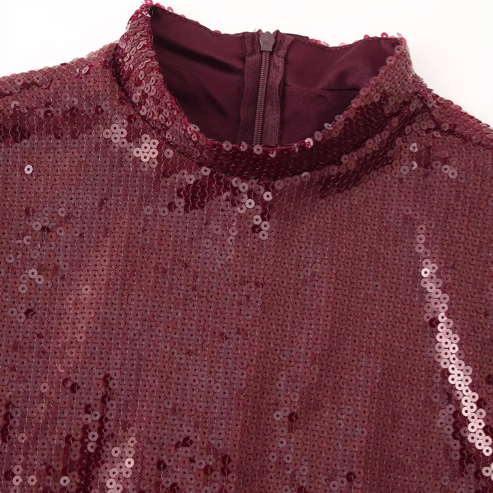 Pailletten-Patchwork-Design Damenkleid - Frühjahr/Sommer 2025 Kollektion, Rundhalsausschnitt, Langarm, Weiter Saum, Unifarbe