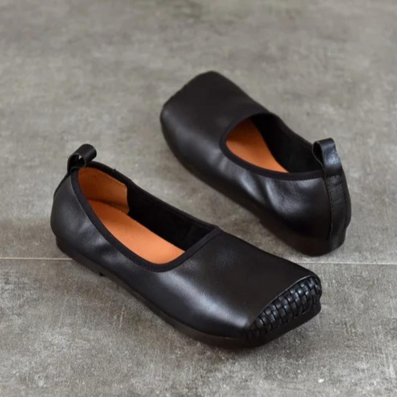 Johnature Retro Flache Schuhe mit weicher Sohle Eckige Spitze Echtes Leder Vielseitige Damen Slipper