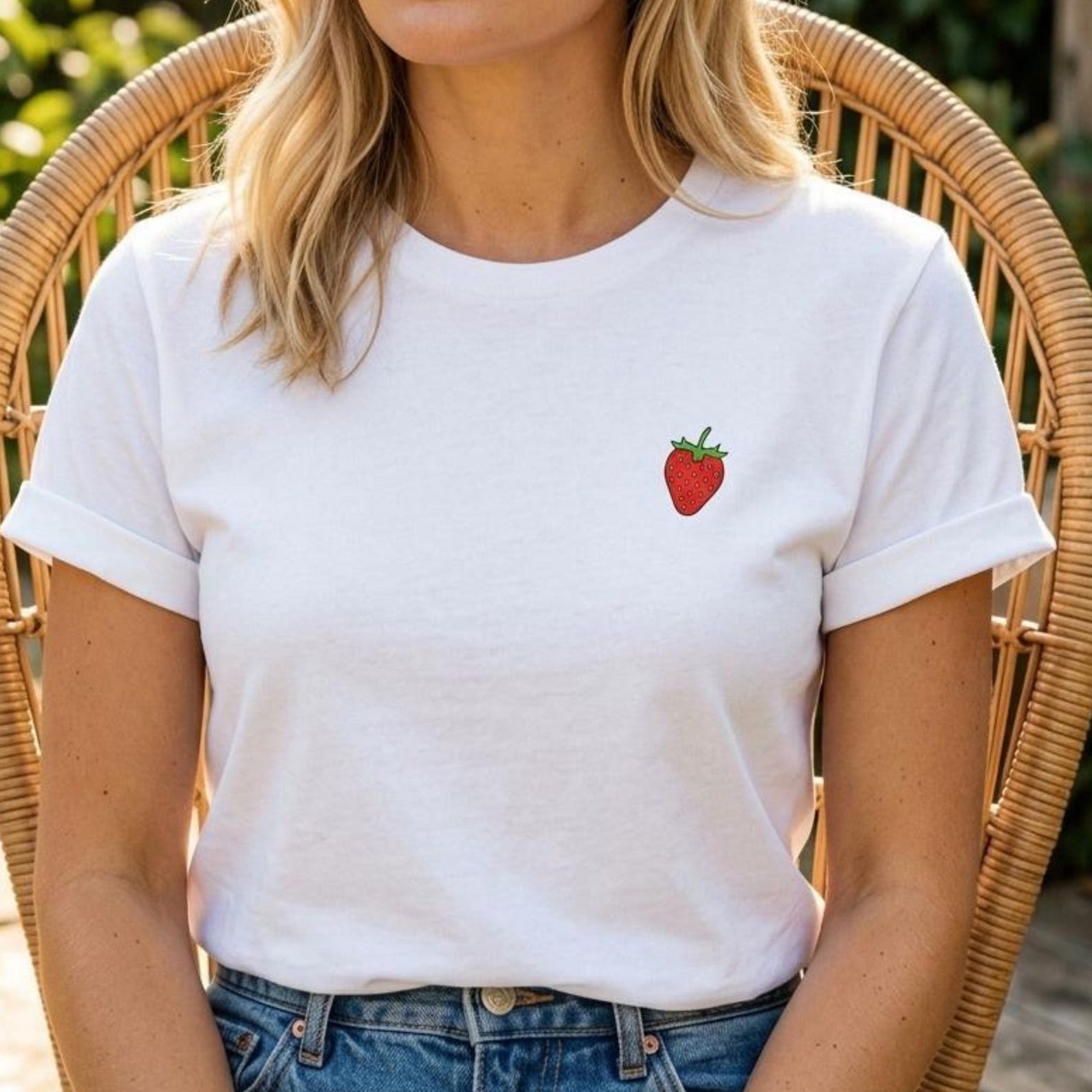 Strawberry Graphic T-Shirt for Women | Cute Minimalist Fruit Tee | Small Strawberry Print Shirt | Cottagecore Aesthetic Summer Top S